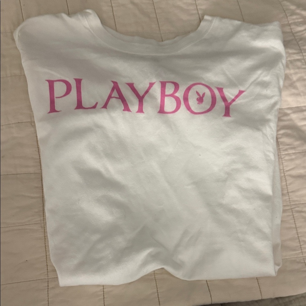 PLAYBOY White Tee with Pink Logo Script Unisex